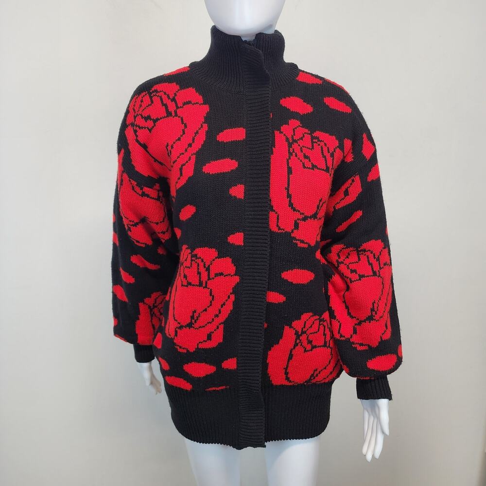 Winterset Womens Rose Print Knit Jacket Size S Mock Zip Up Elastic Waist Vintage